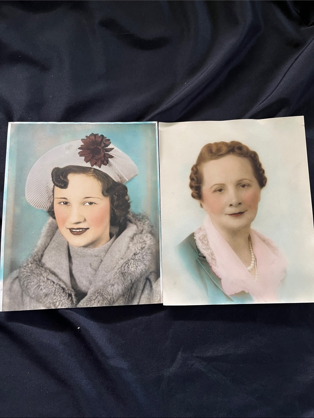 2 Vtg 1930s/40s Hand Tinted Photographs Pretty Lady In Fur & Hat & Lady W/Pearls